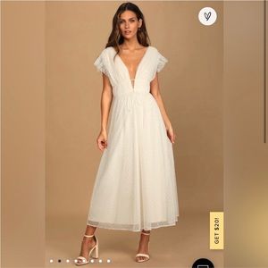 Yours Evermore Cream Swiss Dot Ruffled Midi Dress